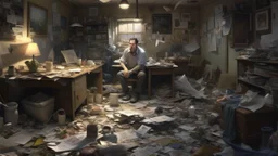 A hyper-realistic oil painting depicting a chaotic and cluttered room filled with broken objects and scattered papers, reflecting a sense of inner turmoil and confusion. The focal point of the image is a figure sitting in the center, their face hidden in their hands, conveying a deep sense of despair and distress. The lighting in the room is dim and moody, adding to the overall atmosphere of unease and instability. The overall composition is designed to evoke a feeling of psychological disorder