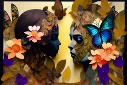 double exposure, dark night, Rainforest, flowers, birds, sleeping goddess merged layers, waterfall and butterflies Patchwork and painting by Meghan Duncanson and Jennifer Lommers and Didier Lourenço in sunshine plastic 3D effect ochre, burlap, mirror foil in candlelight