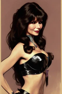 painting of victoria principal as evil queen in black leather, feminie, angry, volouptous, busty, cleavage, emperious, mature, highly detailed, digital painting, artstation, concept art, smooth, sharp focus, illustration, art by gaston bussiere and alphonse mucha