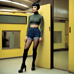 full body portrait -- an absolutely stacked, thin, petite, little female, who resembels Spock, with great big giant bazoombas, short, military-cut, buzz-cut, pixie-cut black hair tapered on the sides, wearing short sleeved, nylon, Turtleneck tube top, blue jean mini shorts, heavy, black fishnet stockings, punk rock styled, platform boots, red lipstick, dark, emo, eye makeup