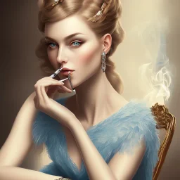 painting of an elegant lady sitting on a chair, smoking, beautiful woman perfect face, blue eyes, sharp focus, highly detailed