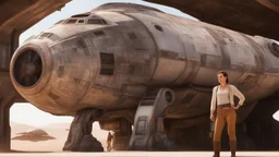 50-year-old woman in brown shorts, a shirt, and boots, standing next to a large Star Wars cargo spaceship, in an alien derelict town