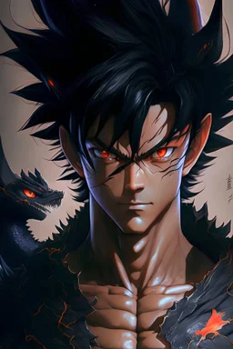 a man with black hair and a dragon on his chest, black dragon, highly detailed portrait of goku, ultra hd anime wallpaper, masayoshi suto and artgerm, anime epic artwork, hd anime wallpaper, son goku, goku, gogeta, dragon ball, wild spiky black saiyan hair, detailed anime artwork, ancalagon the black