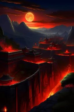 View of an ancient walled city sitting in a valley as viewed from the rim of the valley, the city is lighted by torches placed along the walls with windows high upon the wall, One window has a scarlet cord draped out reaching the ground, the sky is dark and surrealistic with planets and moons on the horizon, the rim of the valley has armored soldiers laying in wait while 2 spies work their way down to the outside of the city wall where the scarlet cord hangs from the window above