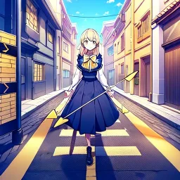 anime girl walking down a yellow brick road, road signs, arrows, direction, anime girl walking,girl hanging onto a bow and arrow