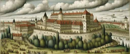 A white cloudy sky with a puffy palace painted by Pieter Bruegel the Elder