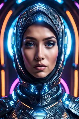 Ultra-detailed benevolent cyborg hijab in a spaceship, with anthropomorphic cybernetic elements on metal armor, neon lights reflections, reflection mapping, intricate design and details, dramatic lighting, Cinematic lighting, Volumetric lighting, Epic composition, Photorealism, Bokeh blur, Very high detail, Sony Alpha α7iv, ISO1900, Character design, Unreal Engine, Octane render, HDR, Subsurface scattering, by addie digi