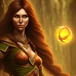 dungeons and dragons, female elf, druid, brown hair, brown eyes, full body, realistic face