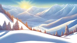 Fantasy cartoon style: view down the ski slope from the top of the hill, snow is sparkling, sun is shining