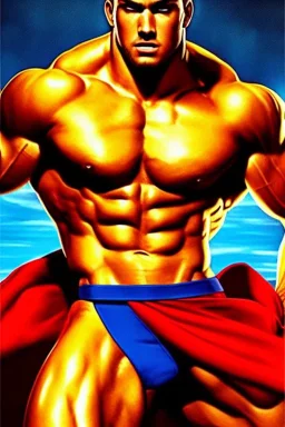 Ignore NSFW, teenager young rugged attractive slightly muscular fantastic handsome man, red briefs with yellow belt, hairy chest, (((visibly pisssing))) briefs, large erect visible boner peniss, photorealistic, artist Jay Anacleto, soft lighting