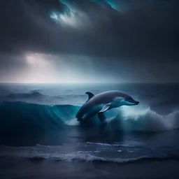 Gorgeous dolphin on high dark ocean waves with dark vapor and fog