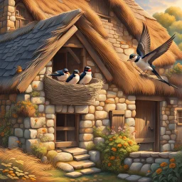 captivating cinematic painting masterfully blending traditional illustration, 3D rendering, and wildlife photography, depicts a picturesque old stone farmhouse with a thatched roof. The harmonious blend of artistic styles creates an atmosphere of serene tranquility, warmth, nostalgia, and timeless beauty. In the cozy home on the roof, three adorable baby swallows rest in their nest, watched over by a swift adult swallow soaring around them. Vibrant hollyhocks cascade along the walls, and hay in