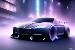 powerful concept future car. smooth front grill. dark color fade theme. large engine protruding from the hood. big spoiler . nebula back round. extra detail with luminous engravings . neon underneath. big city with skyscrapers, light mist, jet engine