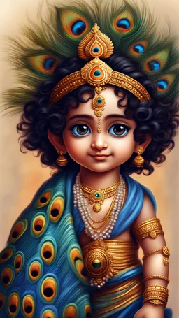 very cute tiny, Hindu God Krishna childhood, blue body curly black hair with peacock feather on forehead, wearing dhoti, highly detailed, High resolution, High quality, ultra realistic HD, 12k, rim lighting, adorable big eyes, Perfect lighting, realistic, Sharp focus, perfect legs