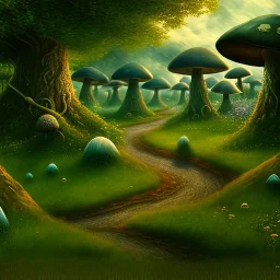 A great big mushroom forest with a stone path going through it, LOTR,gnomes, Van gogh Style, 8k