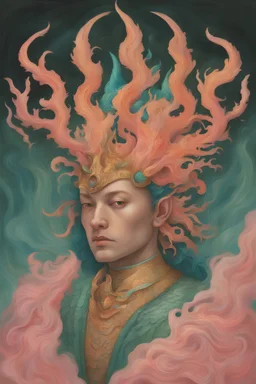 A fish-like man with orange and gold fins, pink coral coming out from his head like a crown, green flowing hair, teal skin, and dawning armor made by a goddess