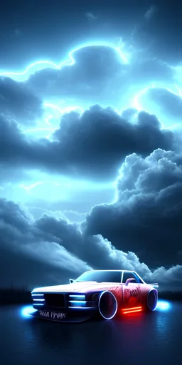 An muscled car at the bottom of an streaming river, lots of clouds within neon lights, thunder