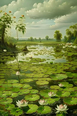 Prompt: rococo, wet-land marsh, waterlilies —s 50