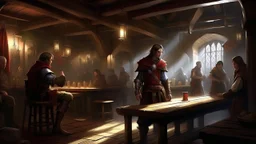 A lone hero, entering a tavern. In the far corner a boastful young noble holds forth to a a shifty barkeep. a magical light filters through the place, casting an air of mystery. The barkeep has an odd scar as our heroes plan their next move with a sense of camaraderie towards the locals.