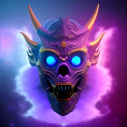 oni purple mask in galaxy, teal and purple smoke, detailed, realistic, 4k