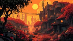 comic art: garden eden in orange colors with a apocalyptic ruined cyberpunk city
