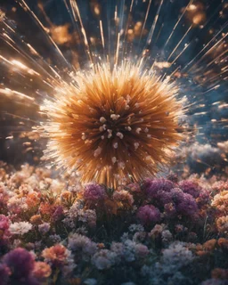 Atomic explosion, made of flowers, ULTRA REALISTIC, details, intricate detail, professional lighting, film lighting, 35mm, anamorphic, lightroom, cinematography, bokeh, lens flare, film grain, hdr10, 8k, Roger Deakins, incredibly detailed, reflect, sharpen