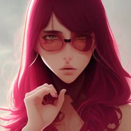 crystal clear blue eyes, and dark pink hair, dot eyebrows, woman, angry expression, pointy ears, long hair, sexy, young, beautiful