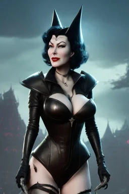 Ava Gardner as evil queen in black leather, busty, cleavage, curvy, angry, stern look. character design by cory loftis, fenghua zhong, ryohei hase, ismail inceoglu and ruan jia. unreal engine 5, artistic lighting, highly detailed, photorealistic, fantasy