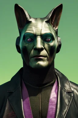 Medium Close Up Portrait, Front image. cyberpunk, rabbit mask helmet, strong man, silver hair. latex suit. Purple, green, color. Joker style. Color background, photo studio. Avatar image, highly detailed, concept art, smooth, unreal engine 5, ray tracing, RTX, lumen lighting, ultra detail, volumetric lighting, 3d, finely drawn, high definition, high resolution.