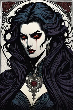 museum quality color woodblock print of an enigmatic, darkly visionary and disturbed Malkavian female vampire with highly detailed hair and facial features , with a fine art , graphic novel aesthetic, highly detailed, finely cut ,8k render,