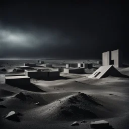 Photograph of odd brutalist buildings scattered over a wasteland, powder, night, people, nothingness, nightmare, minimalist, details of the terrain very accentuated, 8k, deep 3d field, sharp, eerily mysterious, artistic photo, large format film, fotograph by Yves Tanguy, scenography by René Magritte, hasselblad h6d400c --ar 85:128 --v 6.0
