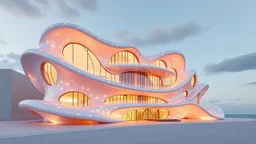 A frisky futuristic fantasy building inspired by the fluidity of ocean waves, with undulating, curved walls made of shimmering, semi-transparent opalescent materials. The happy structure boasts large, intriguing rounded windows, curved balconies and walkways. Award-winning photograph, beautiful composition, joyful appearance.