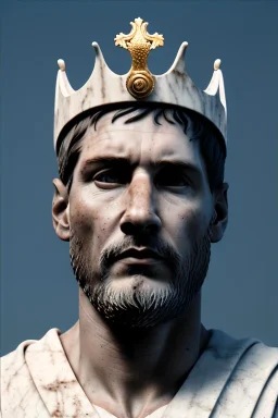 Ultra Realistic image, Roman sculpture, white marble material, Lionel Messi, gold crown of natural thorns, god crown, Renaissance style, sun rays background, waist up portrait, epic, celestial, cinematic lighting, God lights, 4k resolution, smooth details, soft lighting, unreal engine 5, art station, substance 3d.