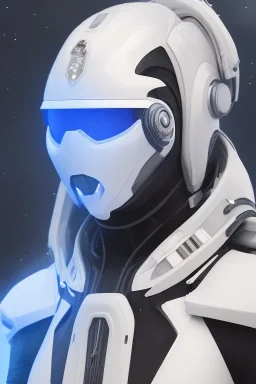 Black intergalactic pilot suit Quorra, portrait, bright white eyes, wearing high tech pilot helmet, beautiful face, white smoke, dark, rage, sorrow, high definition, ultra 8 k, volumetric lighting, blue fire, fog