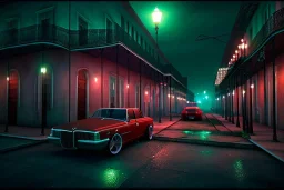 , New orleans , 17th ward , night time , unity, scriptable render pipeline , red tone, volumetric lighting.