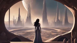 skinny sci-fi girl with long dark hair on an alien planet with tall spires, buildings, bridges, and arches