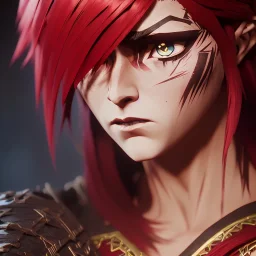 Barbarian anime character, animal hide armor, physically fit, tribal tattoos, scars, washboard abs, red facepaint, red hair, dark eyeshadow, intricate eyeliner, soft round eyes, beads in hair, 8k resolution, cinematic smooth, intricate details, vibrant colors, realistic details, masterpiece, oil on canvas, smokey background
