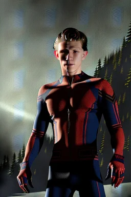 A highly detailed portrait of Tom Holland's character running as a berserker captures the attention of all who pass by. The image shows the character wearing a black jogging suit and sprinting through the night in the Alps. The image is set against an angelic background and features volumetric gold light, adding to the mood and atmosphere. A dark leafy tree and dark mountains in the background add to the atmosphere. The image is styled in the perfect HR Giger style, known for its intricate detai