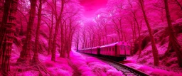 A pinkish purple and reddish magenta forest with a train designed in cave paintings painted by Jackson Pollock
