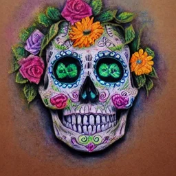 high-quality, fine-detail melted crayon drawing of realistic Day of the Dead skull sculpture with flowers, artwork, 8k, intricate, detailed, ornate, illustration, brian froud, howard lyon, george grie, ben goossens, anna dittman, jeffrey robert, don marco