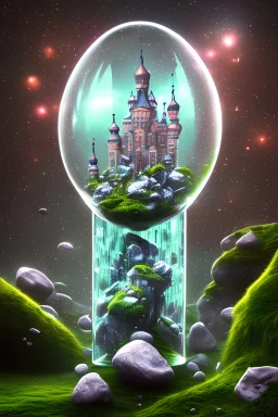 hedjuk, cristal castle crystalline, beau , fin, renderin, room, cosmic, opalescent, 100mm, opalescent, gemstones, crystals, object, other worldly,water, rock, moss,bright, ice background