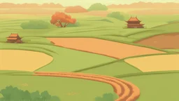 Rice field，Trees，Warm color palette，Animation，A lovely grasshopper，Top of the hill