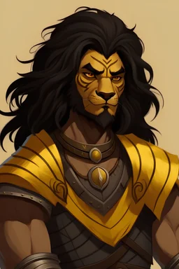 Tan skin fantasy human barbarian with brown eyes, black hair, wearing a yellow and black medieval tabard with a black lion symbol