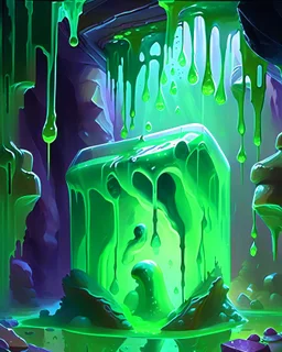 a slimy dripping gelatinous cube in vast cavern room painterly