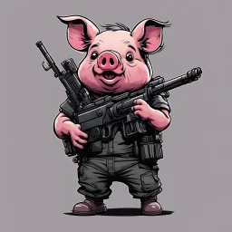 Little pig armed with a machine gun, cartoon style, walking dead style, vivid and dark colors, transparent background, 32k UHD,