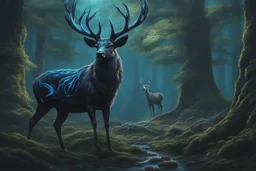 Beast Shadow symbiote in 8k realistic anime drawing style, Deer them, human model,blue neon crystal antlers deer, fantasy forest, intricate details, highly detailed, high details, detailed portrait, masterpiece,ultra detailed, ultra quality