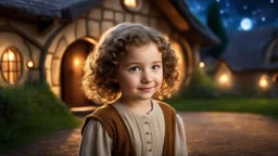 little young hobbit girl toddler, beautiful, confident, calm, wise, happy, innocent, facing camera, head and shoulders, curly hair, hobbit clothing, perfect eyes, LOTR village, hobbit homes with circular windows and circular doors, night scene, stars, fireflies, 16k artistic photography, exquisite composition, photorealistic concept art, soft natural volumetric light, chiaroscuro, award-winning photograph, masterpiece, style William-Adolphe Bouguereau