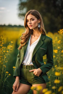 fullbody close up shot of young-beautiful-girl-with-a-perfect-face wearing pants and thight blouse and jacket, country side green field flowers day lights