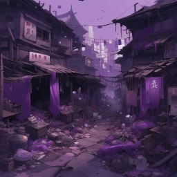 A dark purple district covered in trash painted by Qiu Ying