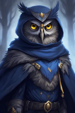 Owlin with yellow eyes and dark blue feathers wearing a dark blue cape. Bow weapon